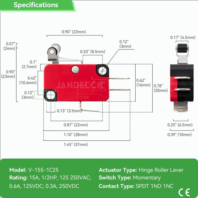 JANDECCN 10Pcs Lead Limit Switch Short Hinge Roller Lever Arm, SPDT 1NO 1NC Snap Action Micro Switch V-155-1C25 - Image 4